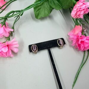 Classic Oval Purple Cats Eye Stone Vintage Clip-On Earrings